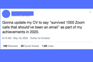 Tweet showing frustration with remote meetings